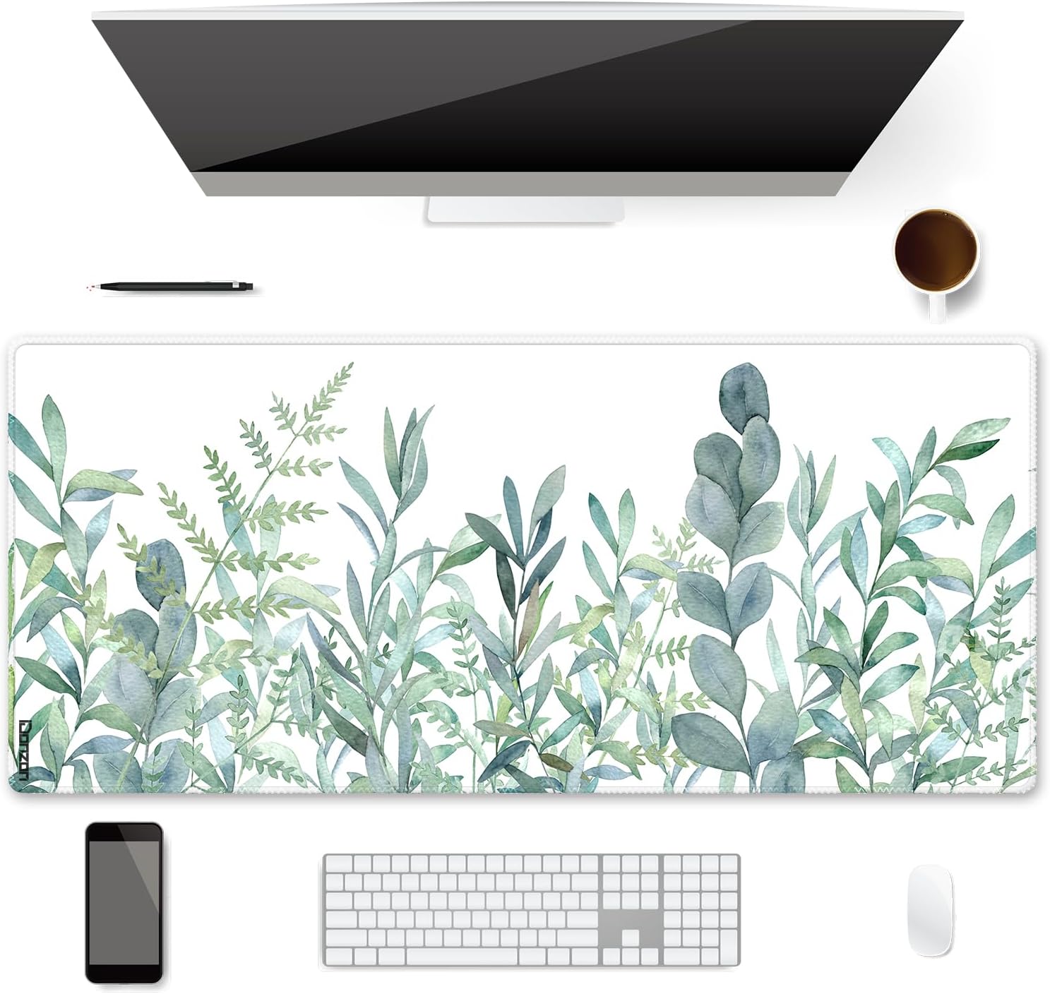 XXL Waterproof Office Desk Pad Protector 35.4x15.7 Inch - Extended Gaming Mouse Pad with Non-Slip Rubber Base, Thickened Keyboard Mat, Stitched Edges & Green Plants Design