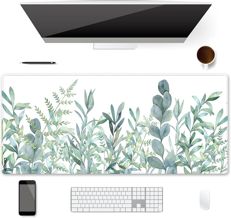 XXL Waterproof Office Desk Pad Protector 35.4x15.7 Inch - Extended Gaming Mouse Pad with Non-Slip Rubber Base, Thickened Keyboard Mat, Stitched Edges & Green Plants Design