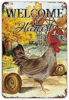 Retro Autumn Thanksgiving Metal Sign Farm Barn Fall Pumkin Hen Chicken Aluminum Metal Sign Welcome Harvest Wall Art Rustic Home Decor for Bedroom Living Room Kitchen 18x12 inch