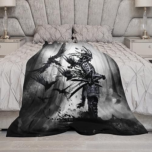 Miniatura 5 de Manta samurái de anime japonés, con espalda de samurái asiático, con cuervo negro, manta de franela súper suave para cama, silla, sofá, dormitorio