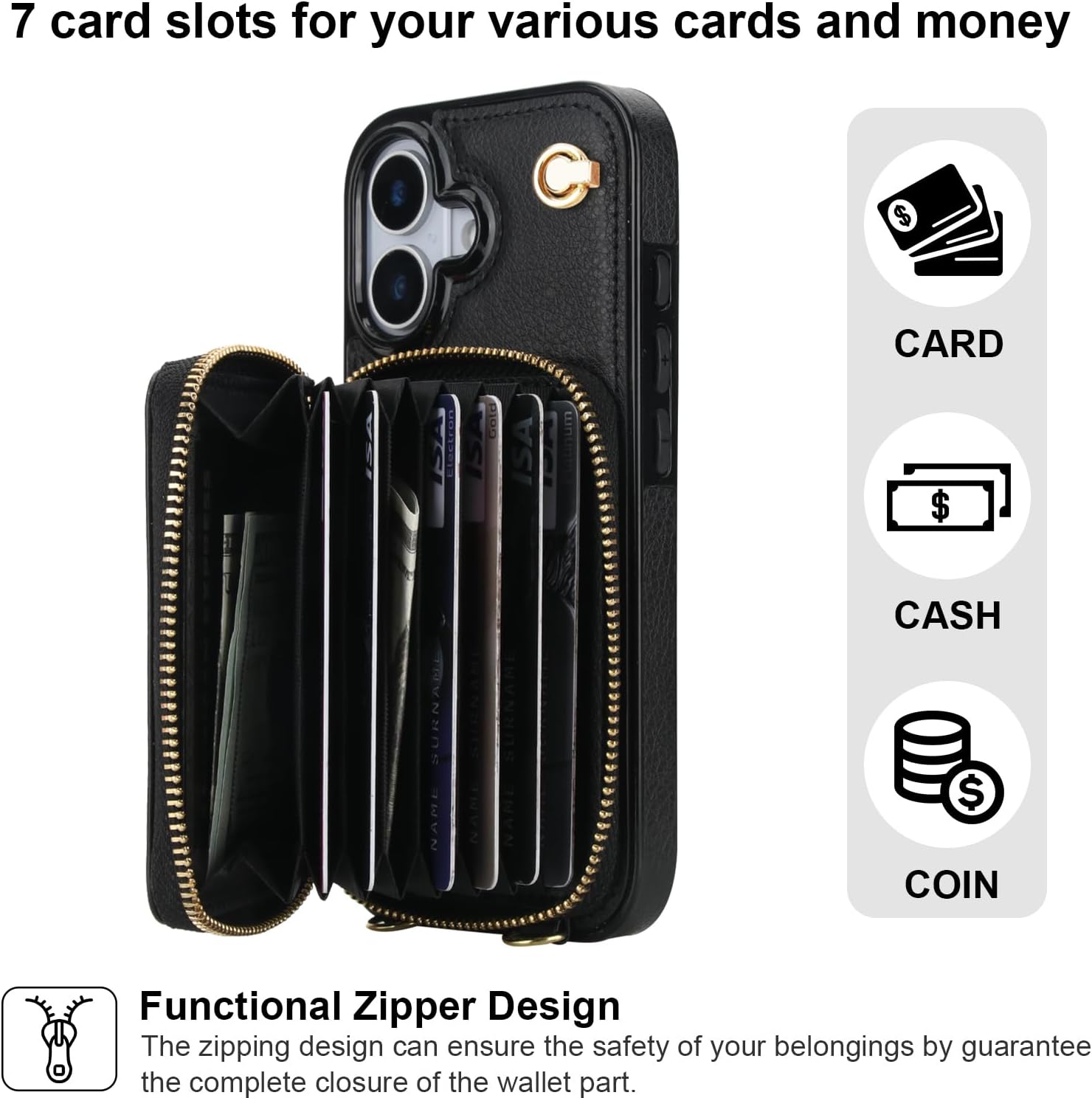 Bocasal Crossbody Wallet Case for iPhone 17, RFID Blocking Leather Purse Case with Card Holder, Protective Handbag Flip Cover with Zipper Wrist Strap Lanyard for Women 5G 6.3 Inch (Black) - Image 3