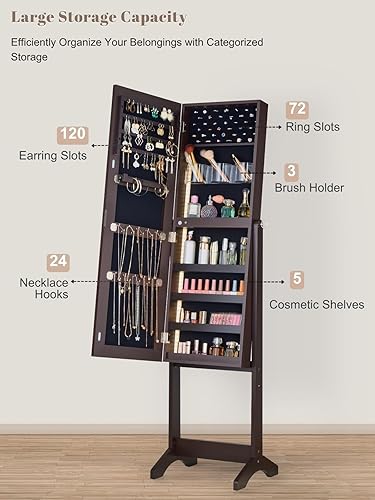 Miniatura 2 de LUXFURNI Armario de joyería de pie espejo de pantalla completa armario con bloqueo organizador grande de almacenamiento de cosméticos con soporte