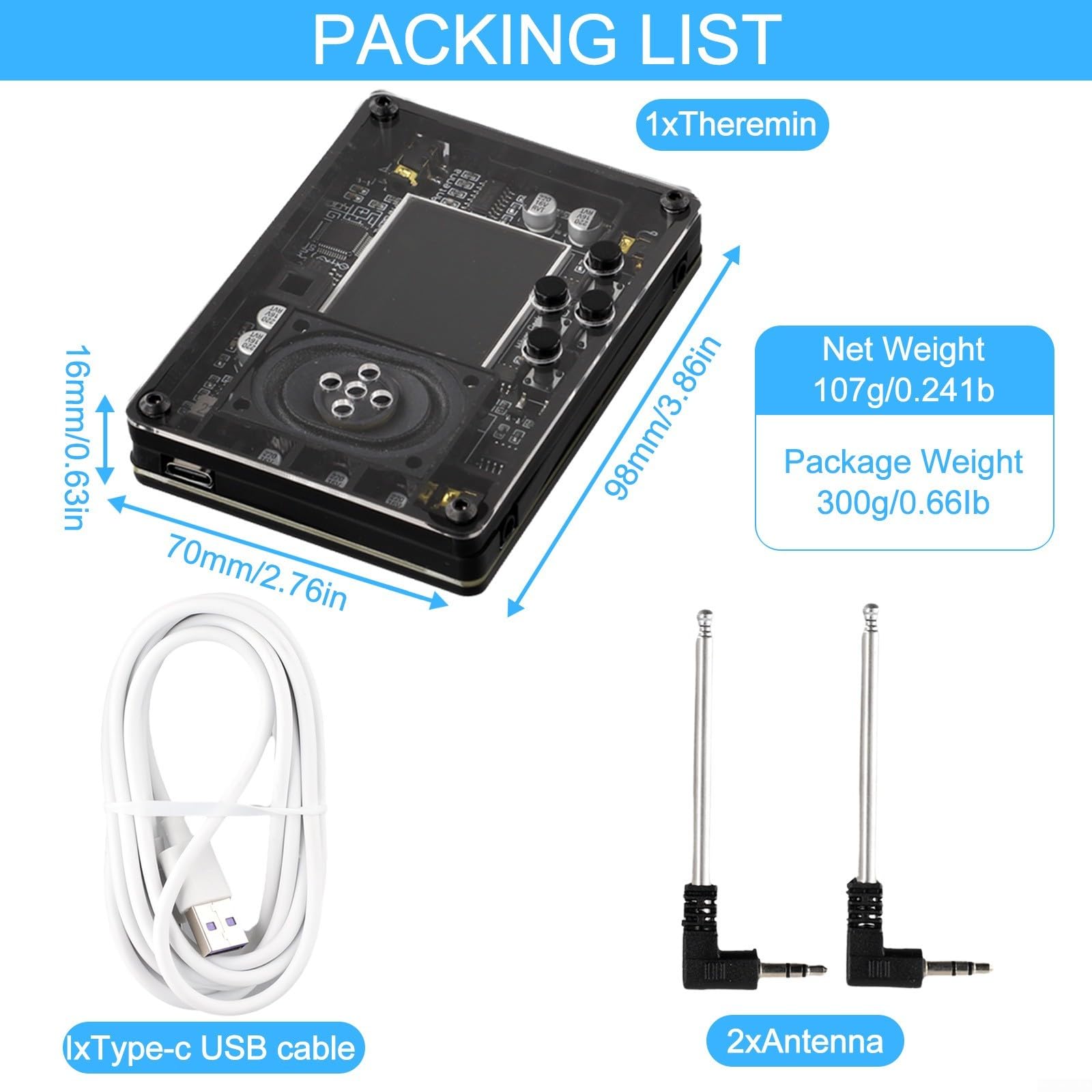 per mini strumento elettronico Theremin con schermo a colori - 70+ voci Retro Synth Pocket Music Device USB-C Powered 98mm