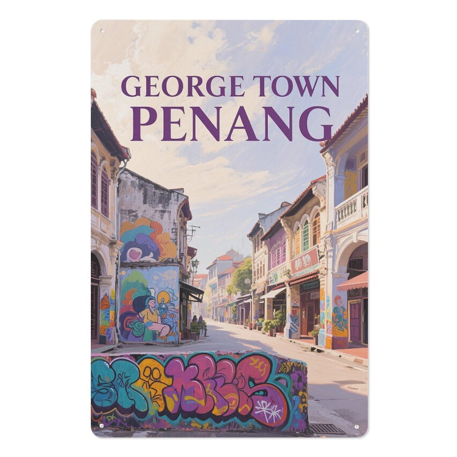George Town Penang Retro Design Tin Painting Vintage Tin Sign 08x12inch(20x30cm) Wall Art for Home Office Bedroom Living Room Cafes Wall Decor