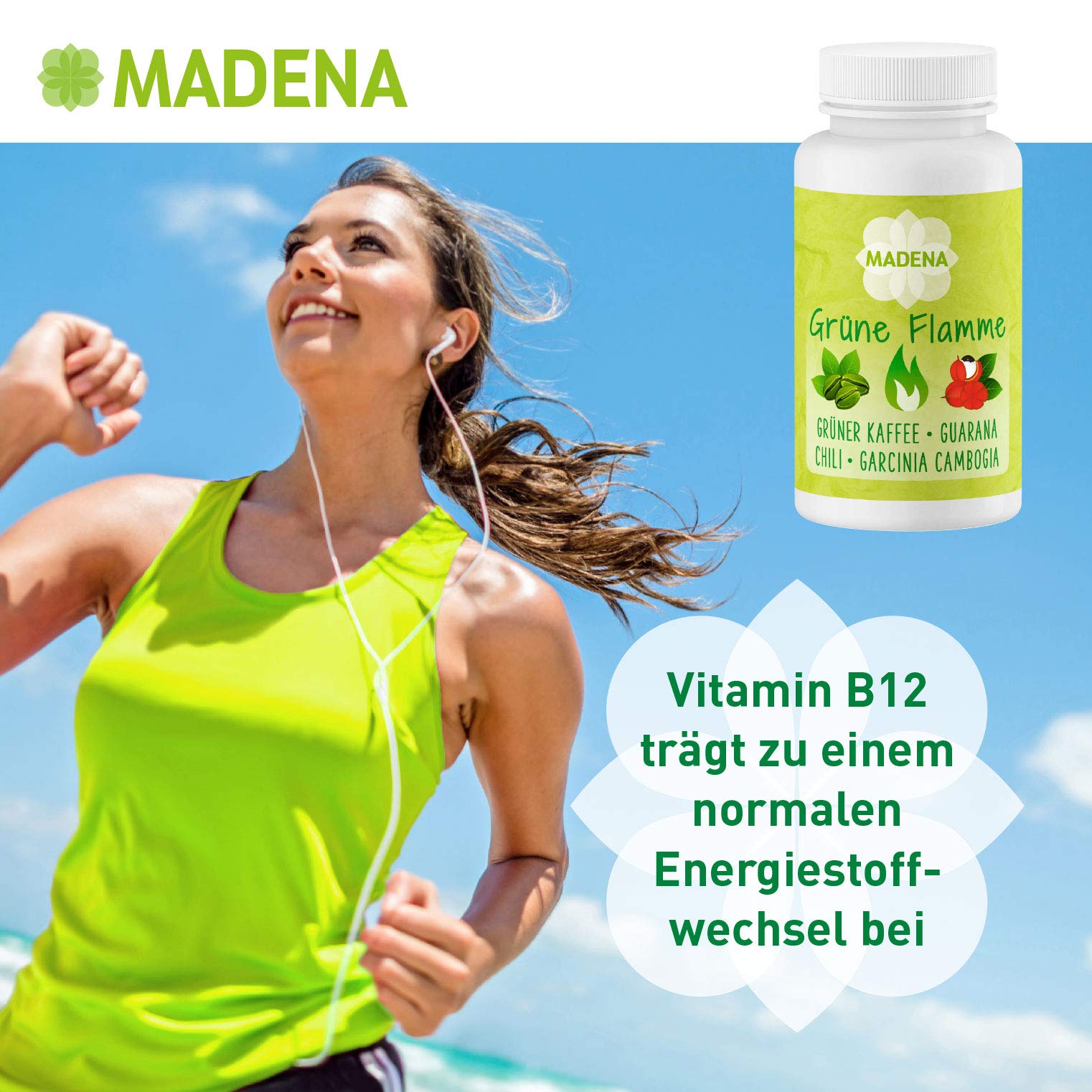 MADENA Grüne Flamme | hochdosiert in Apothekenqualität | Grüner Kaffee Extrakt Guarana Konjakwurzel Garcinia Cambogia + Chili Extrakt L-Carnitin 100 Kaps.