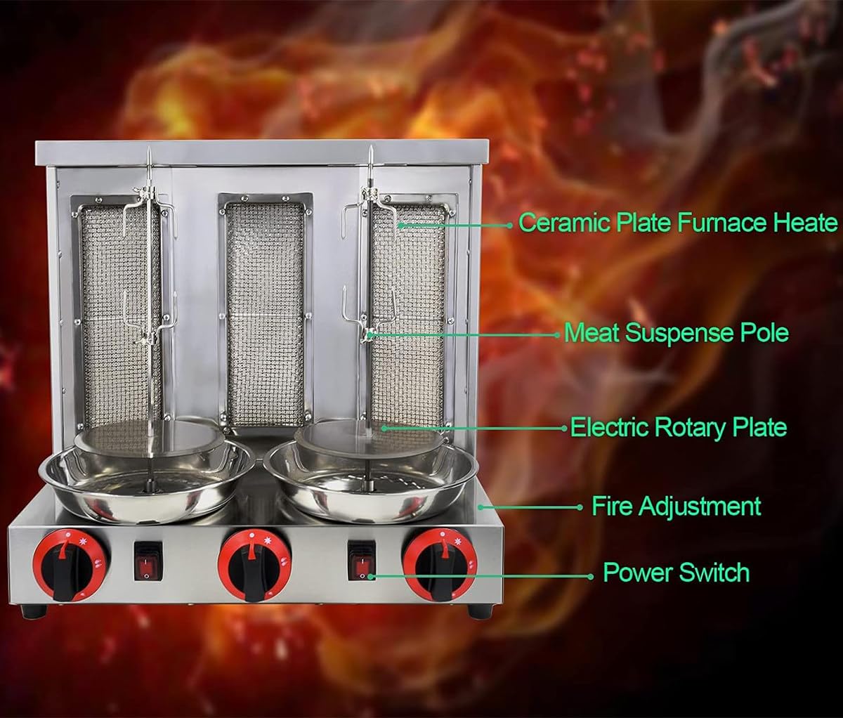Genérico Máquina para Hacer Doner Kebab a Gas, asador Giratorio de 360 ​​Grados para Carne, asador de Pollo Turco Comercial para mostrador con Quemador, asador Vertical para Kebab a Gas