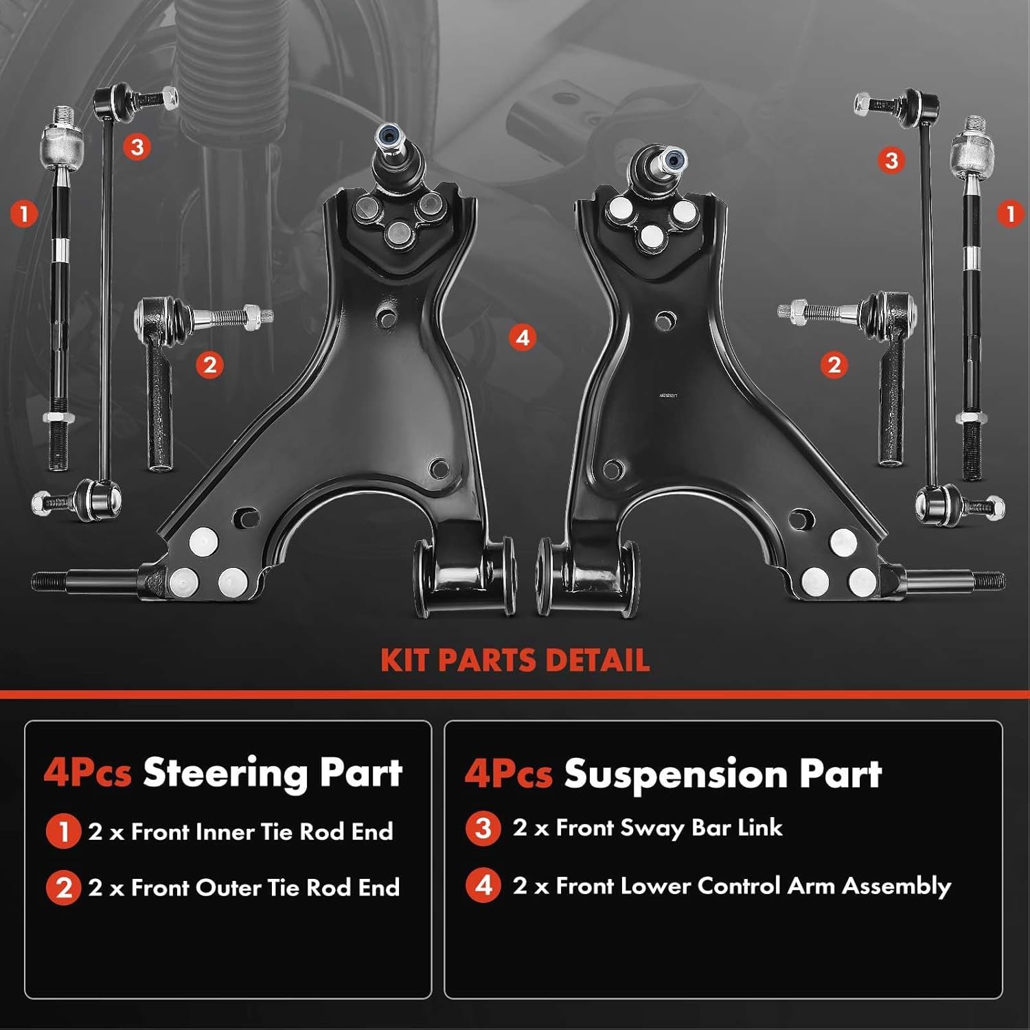 A-Premium Set of 8, Front Lower Control Arm, Sway Bar Link, Inner Outer Tie Rod End, Compatible with Chevrolet & GMC & Buick & Saturn - 2008-2017 - Traverse Acadia (Limited) Enclave Outlook