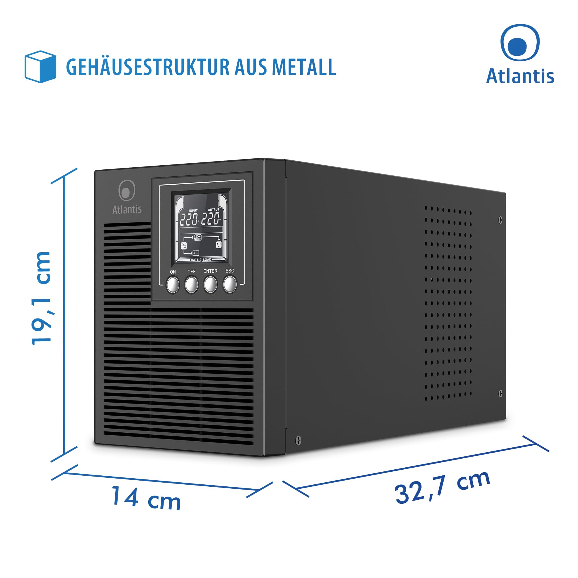 Atlantis A03-OP1002XLN UPS OnLine 88% Leiser unterbrechungsfreie Stromversorgung Server Doppelwandler Reine Sinuswelle 1000VA 700W, Lüfter Low Noise Gelid 23,6 dbA,USB,2 Schuko + 1 IEC, 2x12V-9Ah