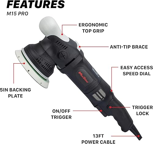 Miniatura 2 de Maxshine M15 Pro Dual Action Polisher – 15 mm Long Throw, 1000 W Power, 5″ Backing Plate, Variable Speed 2,500–5,000 OPM, Low Vibration Ergonomic –