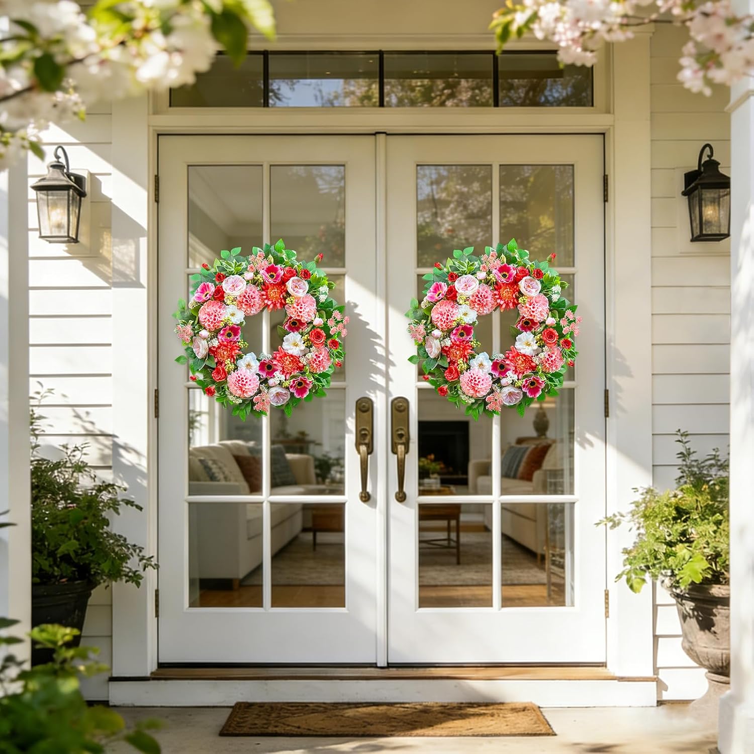 Spring Wreaths for Front Door Outside– 24 Inch Spring Door Wreath with Artificial Dahlia,Chrysanthemum,Rose and Anemone Floral Wreath with Greenery,Colorful Welcome Summer Wreaths for Front Door