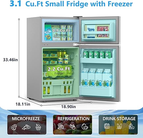 Miniatura 9 de Joy Pebble Refrigerador pequeño de 3.1 pies cúbicos con congelador, refrigerador compacto con congelador, mini refrigerador para dormitorio,