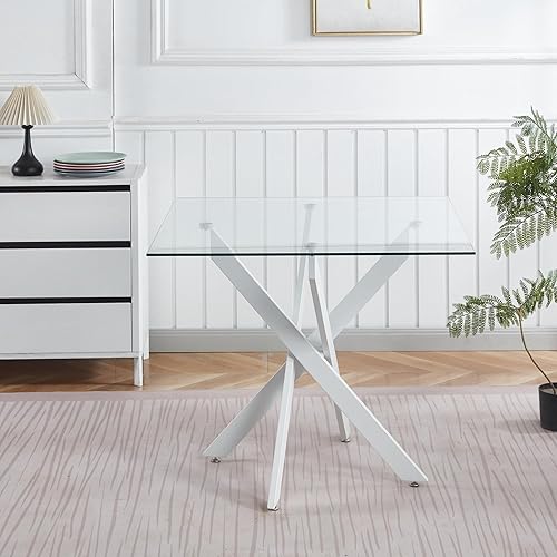 Miniatura 117 de Mesa de comedor de cristal de 51 pulgadas para 4, mesa de comedor rectangular contemporánea con parte superior de vidrio templado y patas de acero