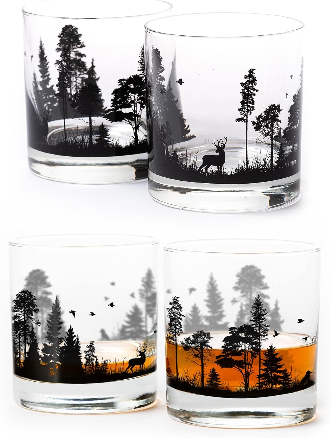 Black Lantern Juego de 4 vasos de whisky, vasos de estilo antiguo con diseño de paisaje de animales del bosque, 11 onzas, pintados a mano, con base