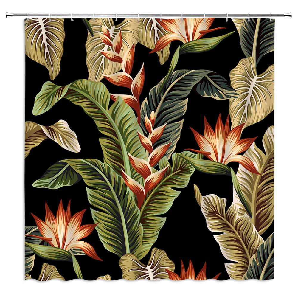 BOYIAN Tropical Shower Curtain Green Banana Leaf Floral Black Backdrop Exotic Vintage Jungle Plant Red Strelitzia Green Fabric Bath Curtains Bathroom Polyester with Plastic Hooks 70x70Inch