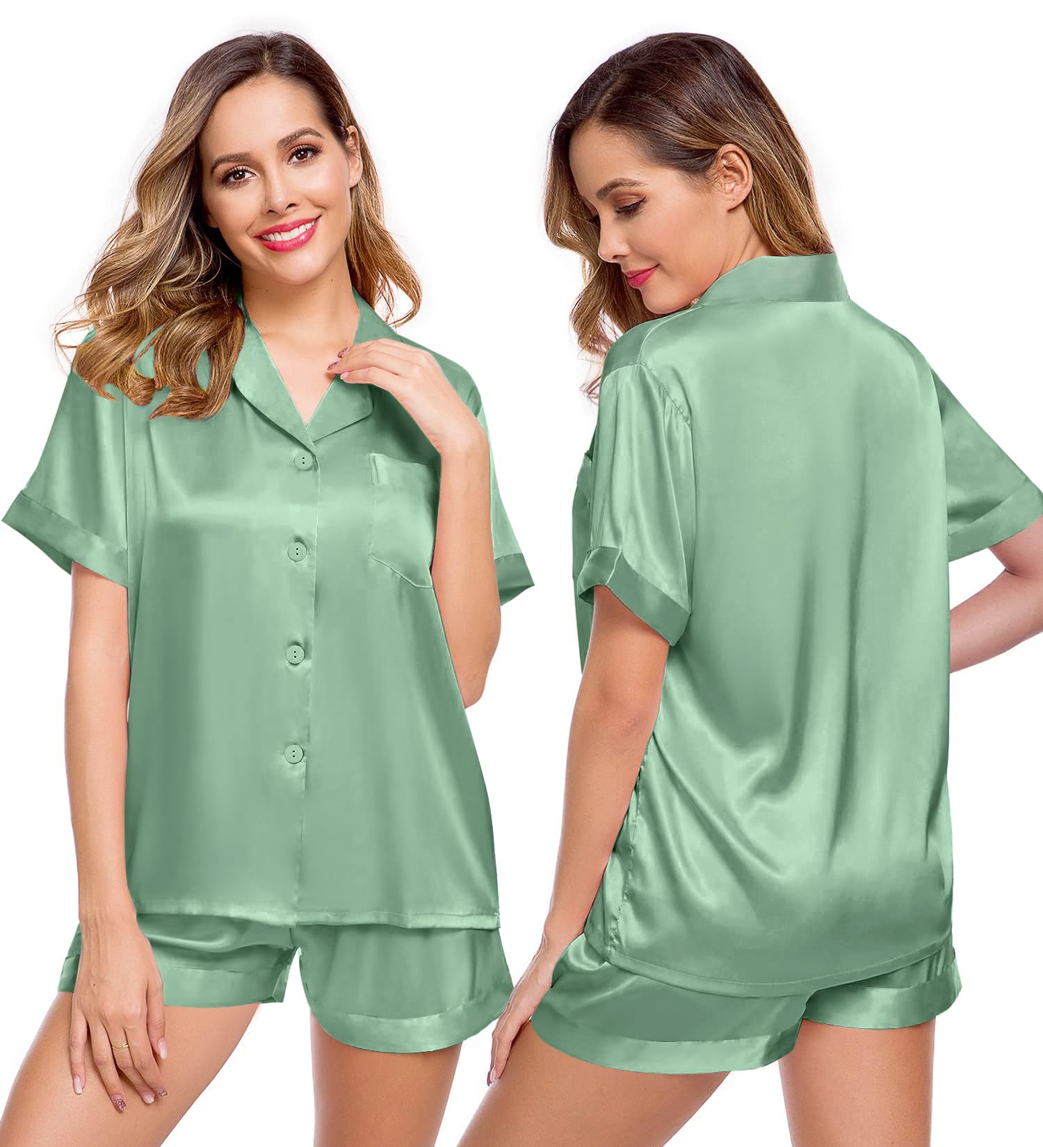 LecGee Womens Silk Satin Pajamas Set Button Down Short Sleeve Pj Sets 2 Pcs Loungewear XS-XXL, Sage Green Large