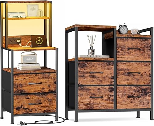 Furnulem Cómoda industrial para dormitorio, mesita de noche de 39 pulgadas de alto con 2 cajones y estación de carga, mesita de noche para