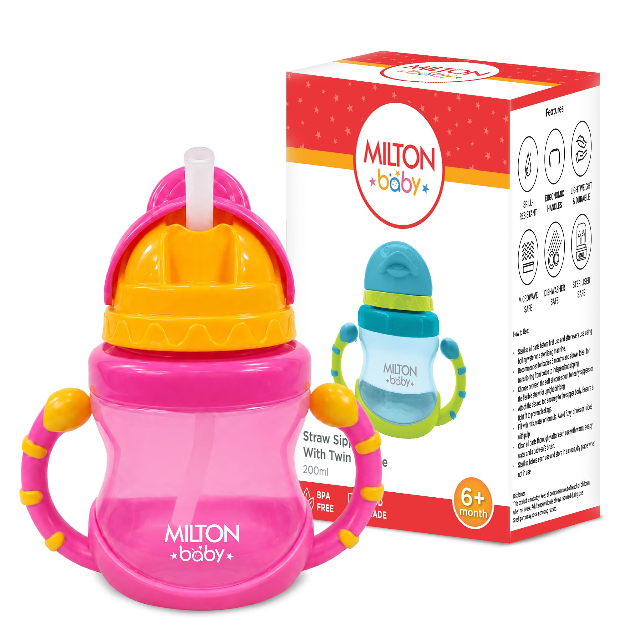 Milton Baby Straw Sipper Water Bottle for Kids with Twin Handle I 100% Food Grade I BPA Free I Spill Resistant I Includes Capacity Marking I Ergonomic Handle I Sterilizer Safe I 200 ml I Pink-picture-35