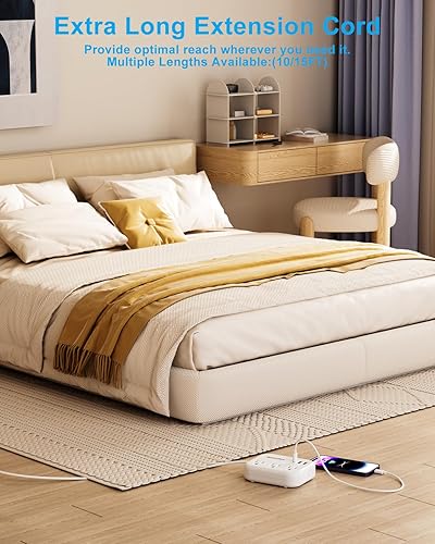 Miniatura 4 de Cable de extensión plano de 15 pies detrás de muebles, cable ultra delgado debajo de la alfombra, alfombra, puerta, barra de alimentación larga con