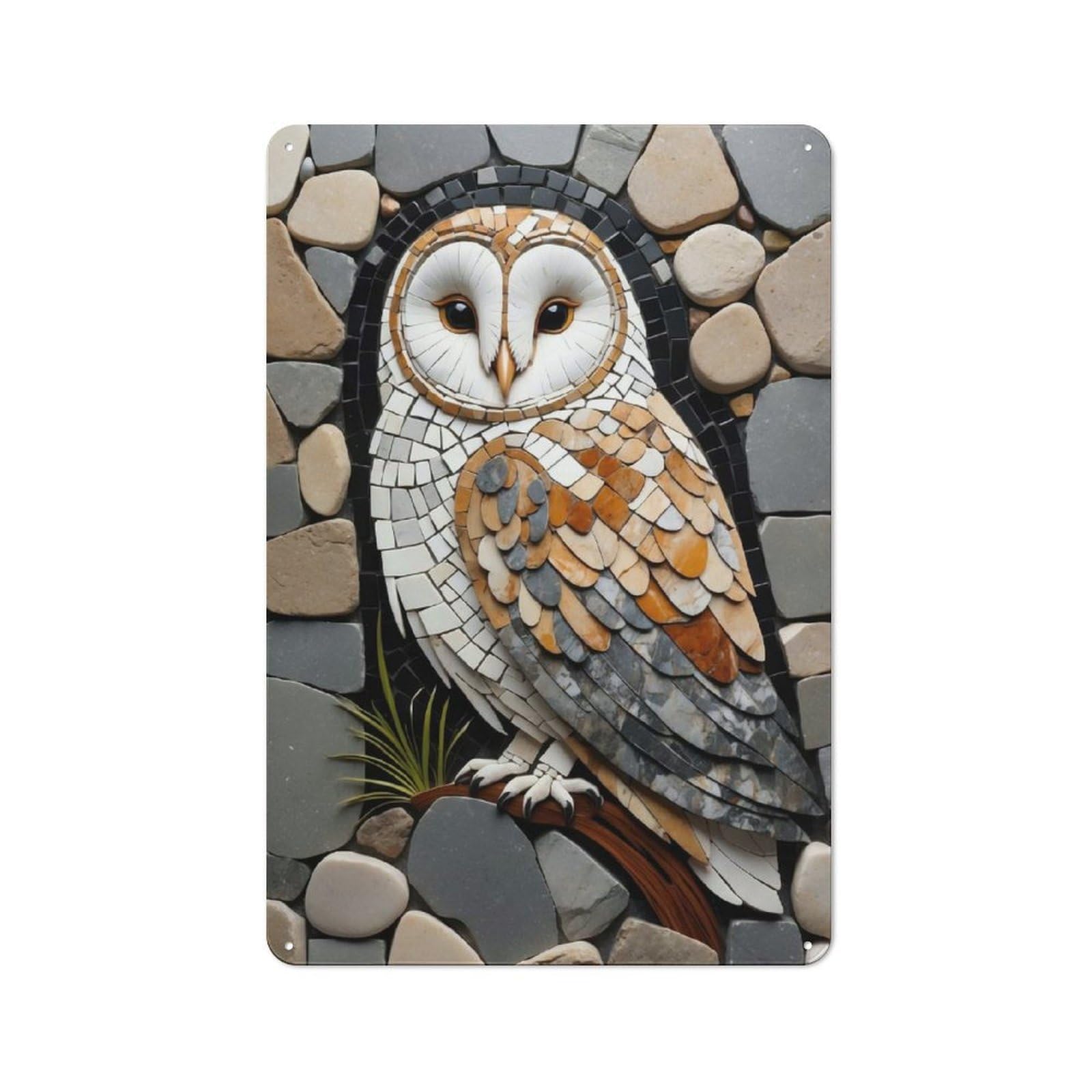 Junmoney Style-19 Stone Mosaic Owl Art Printed Metal Sign 30X20cm For Workshop Wall, Suited To Metal Sign Collectors, For Retro Home Interiors