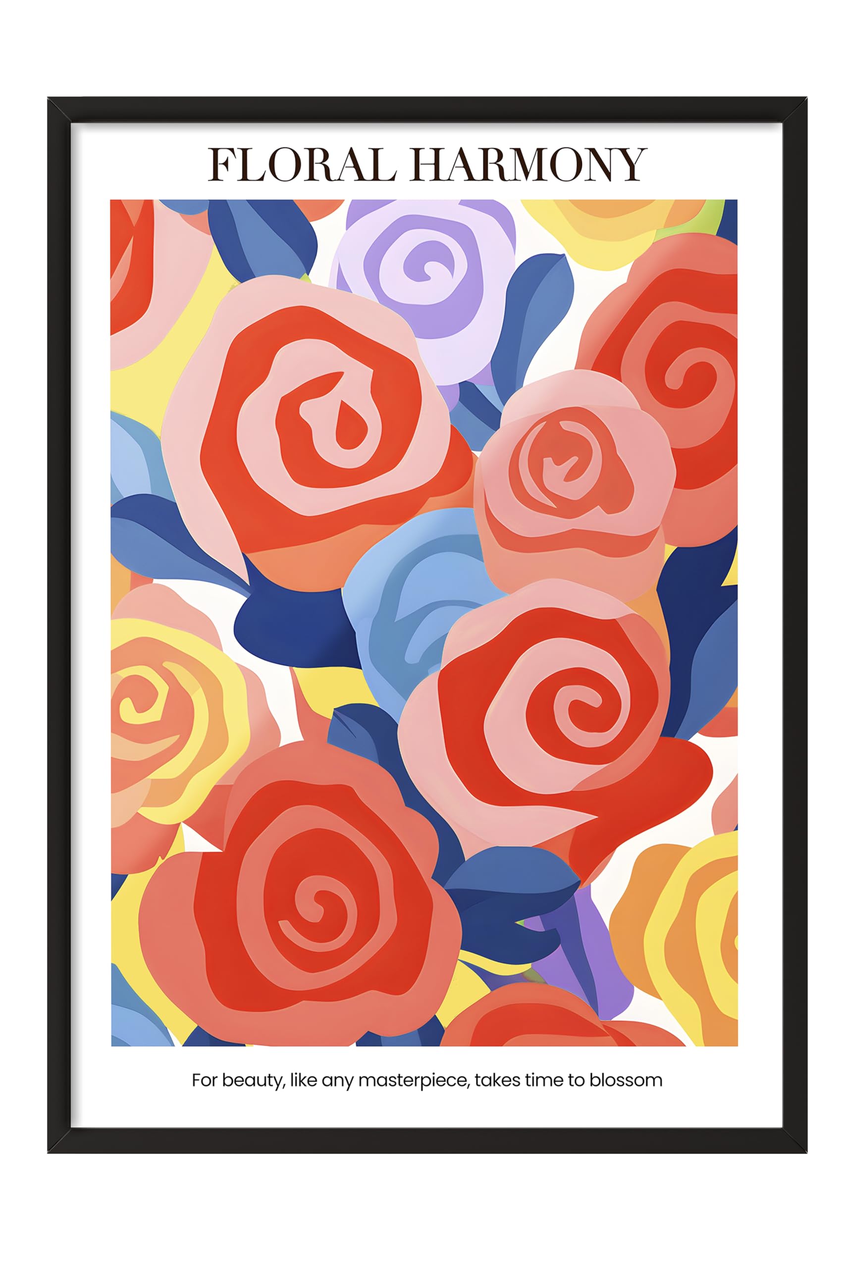 Zestia Siyah Çerçeveli Tablo, Renkli Güller, Floral Harmony Yazılı, Modern Grafik Poster No: 107615 30 x 40