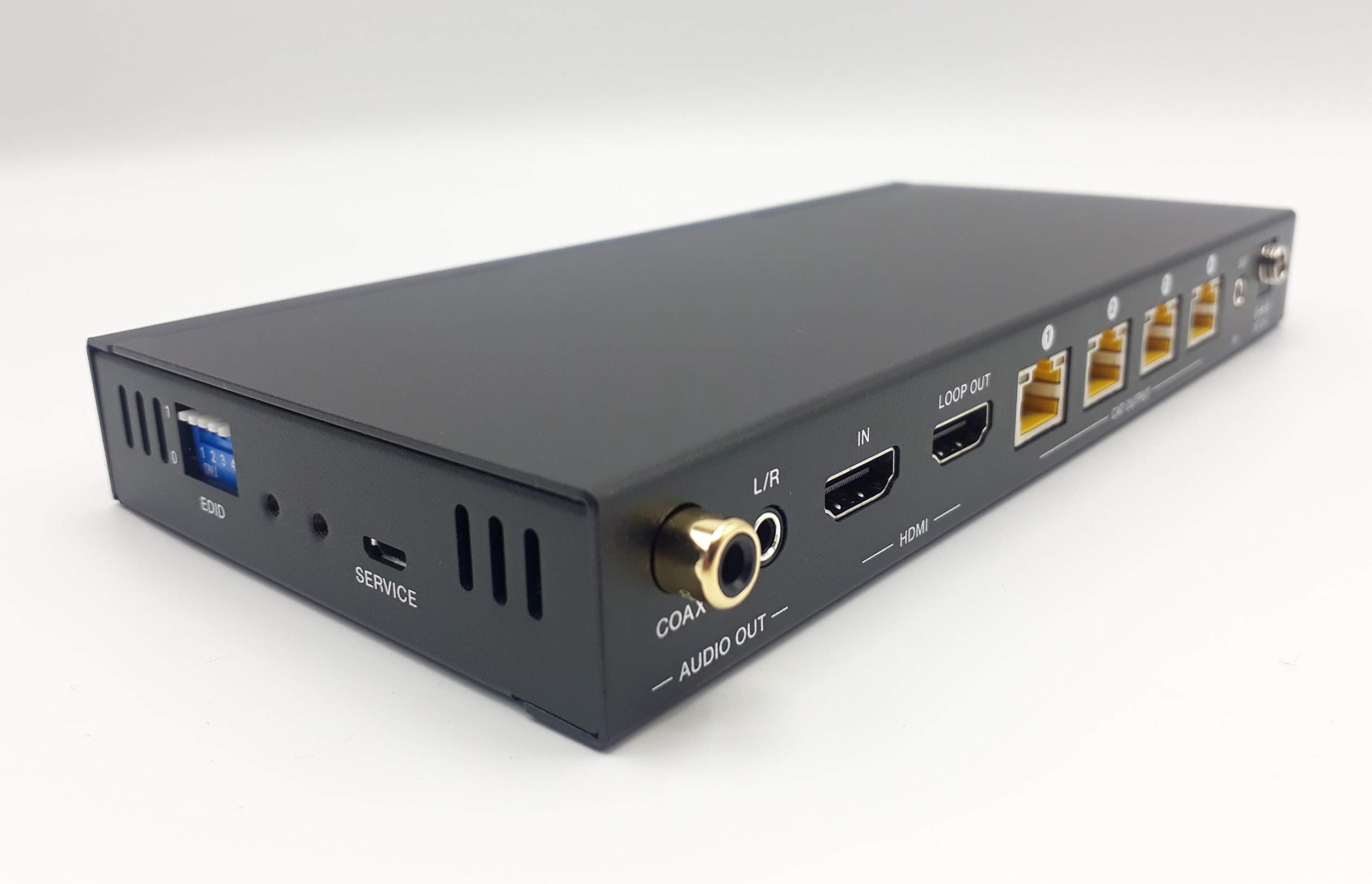 Répartiteur HDMI FOURKAY 1x4 sur Ethernet Cat6/7 avec 4 récepteurs PoC et Sortie en Boucle HDMI. Transmettez 4K60Hz jusqu'à 35 m ou 1080p à 60 m. Extraction Audio. Retour du Signal de Commande IR