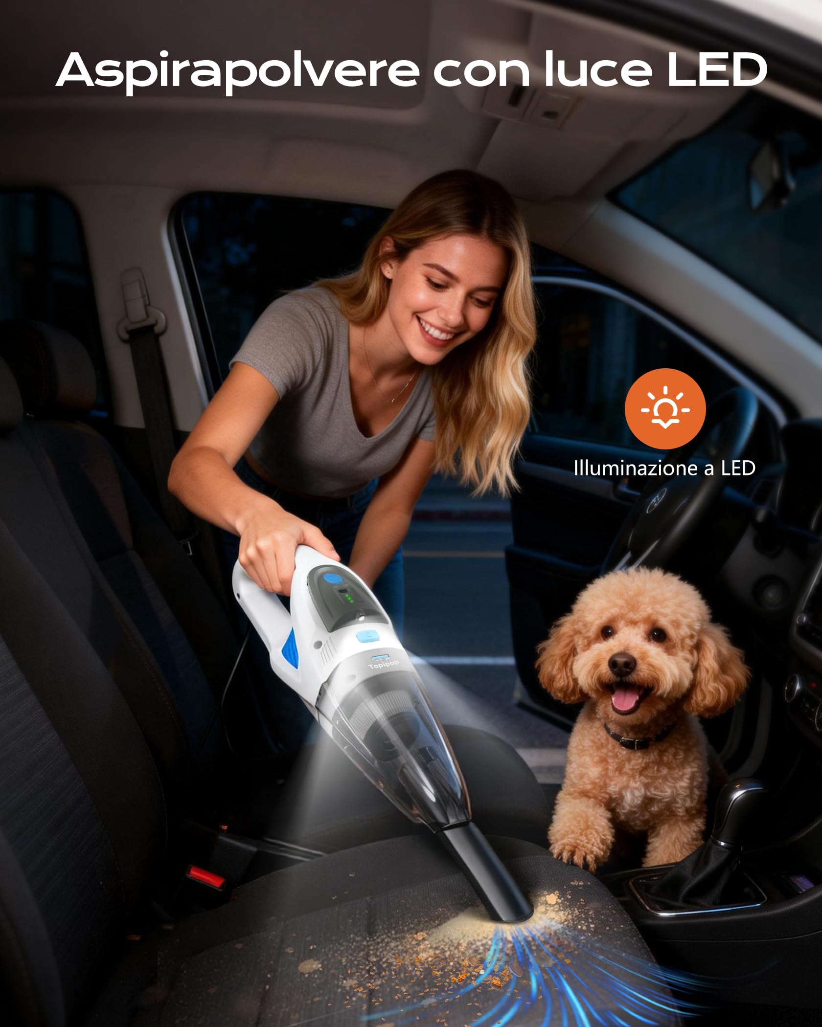 Topipop Aspirabriciole Senza Fili, 25000Pa Aspirapolvere Portatile con Stazione di Ricarica, Filtro HEPA Lavabile e Batteria 8000mAh, Include LED e 3 Spazzole per Casa, Pelo Animali, Auto (Bianco)