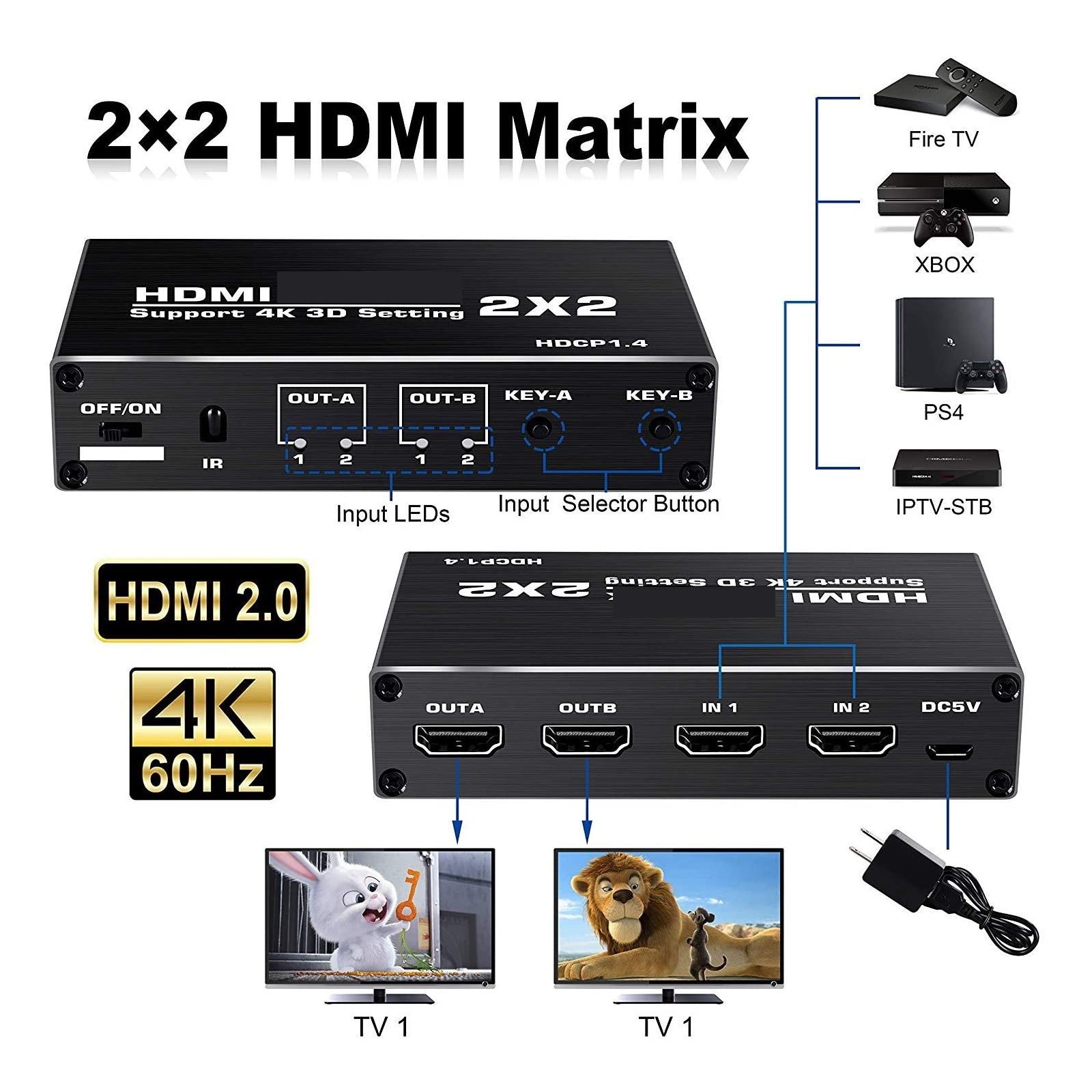 HDMI-Switch-Splitter, 4K HDMI Switcher Matrix 2x2 HDMI Matrix 2 In 2 Out HDMI Switch Splitter Konverter Matrix 4K 30Hz HDCP1.4 mit IR Fernbedienung Einfach einzurichten