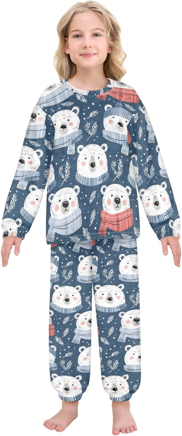 Kids Flannel Sets Bear Grass Warm Plush Relaxed Clothing for Boys and Girls
