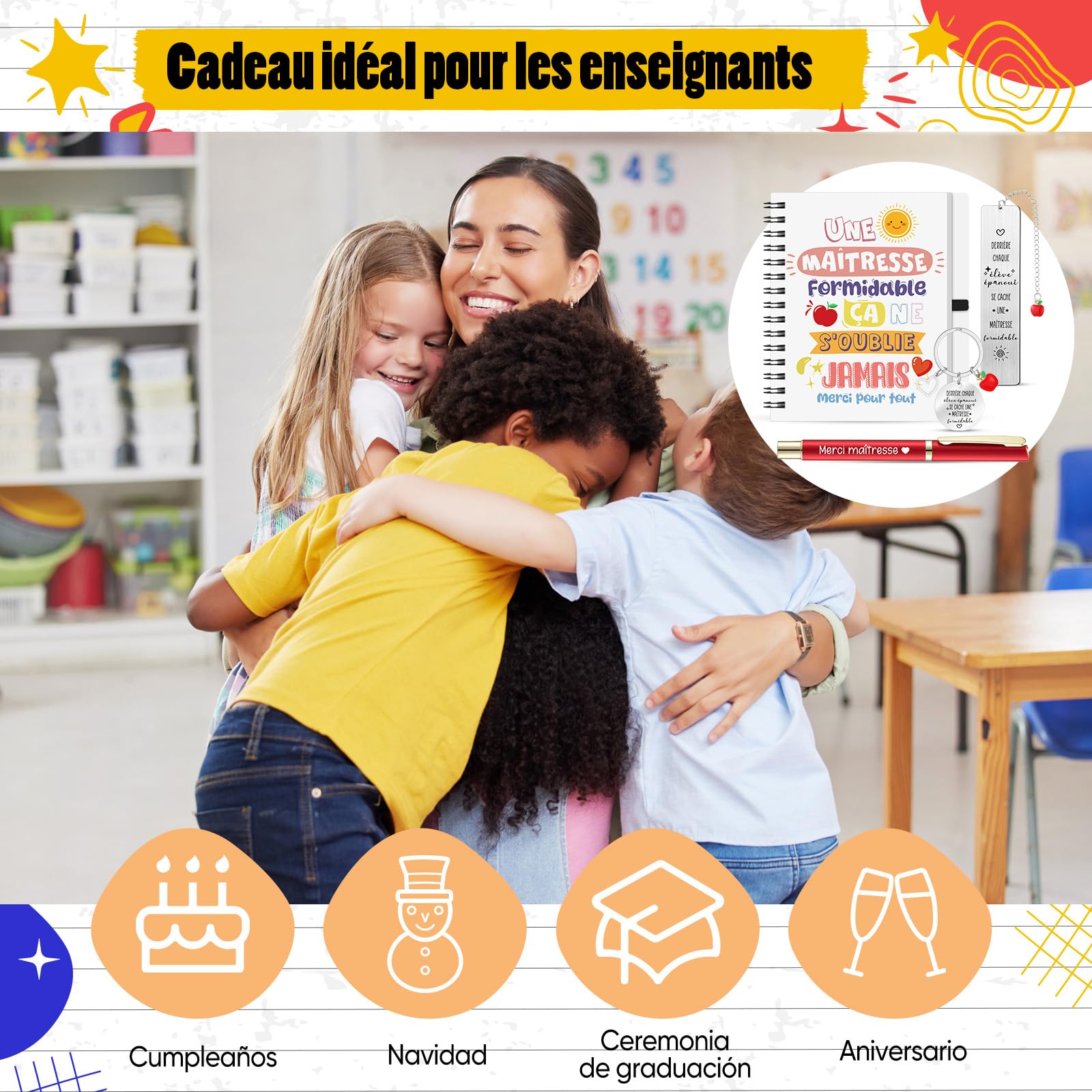 Sinmoe 4 Pièces Cadeau Merci Maîtresse Professeur Enseignant Cahier à Spirale de Format A6 Marque-Page Porte-Clés Stylo Rétractable pour École Fin d'Année Cérémonie de Remise des Diplômes