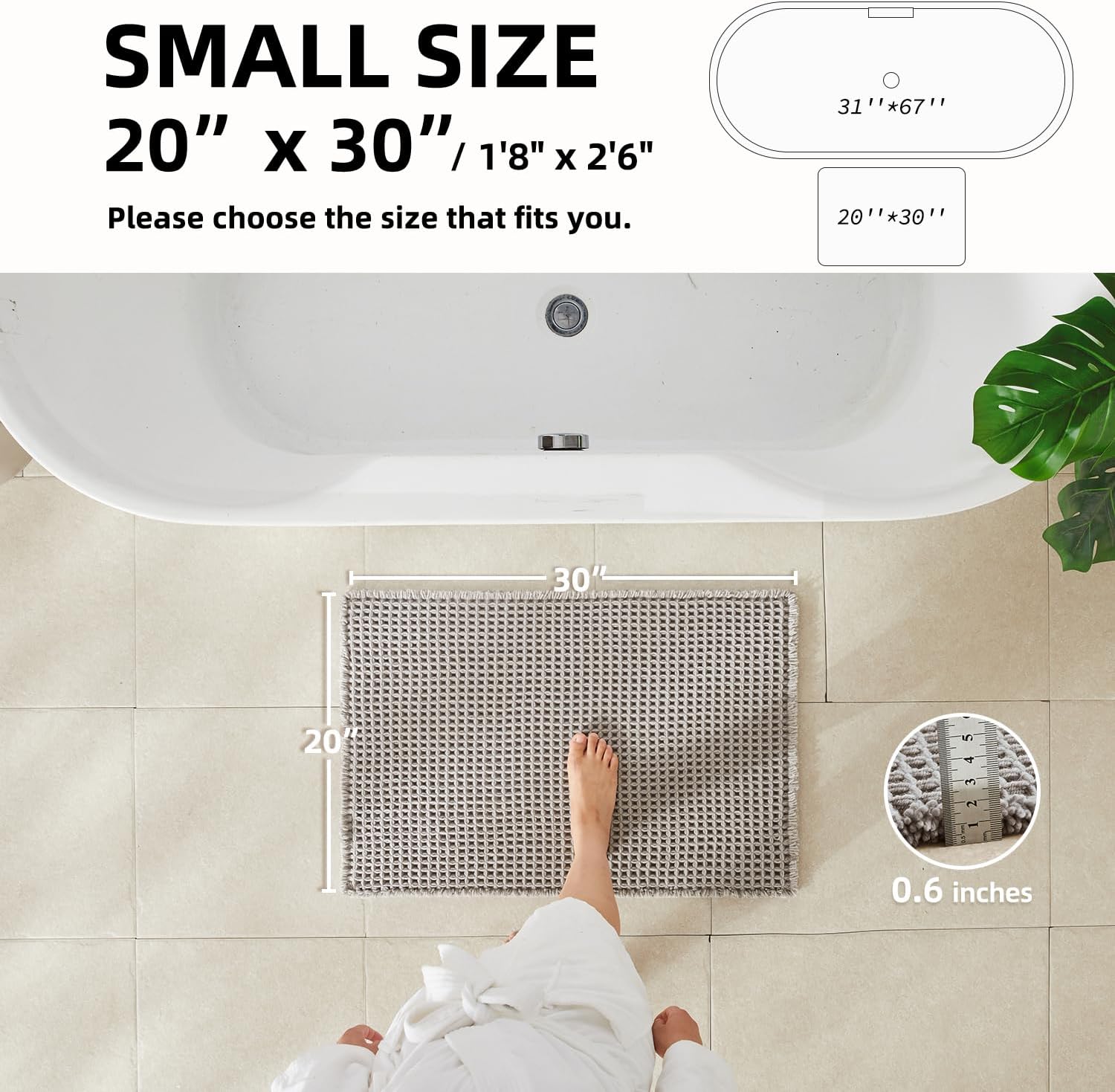 TYUU Waffle Bath Mat, Boho Bathroom Rugs Non Slip Washable Super Absorbent Quick Dry Bath Mat Farmhouse Bathroom Decor, 30"x20" Light Grey