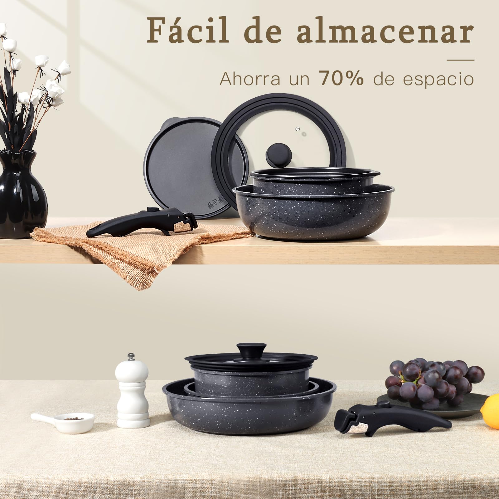 Juego de ollas GiPP con mango extraíble, juego de 21 sartenes con revestimiento antiadherente de cerámica, ollas para inducción, aptas para el horno y para todo tipo de cocinas