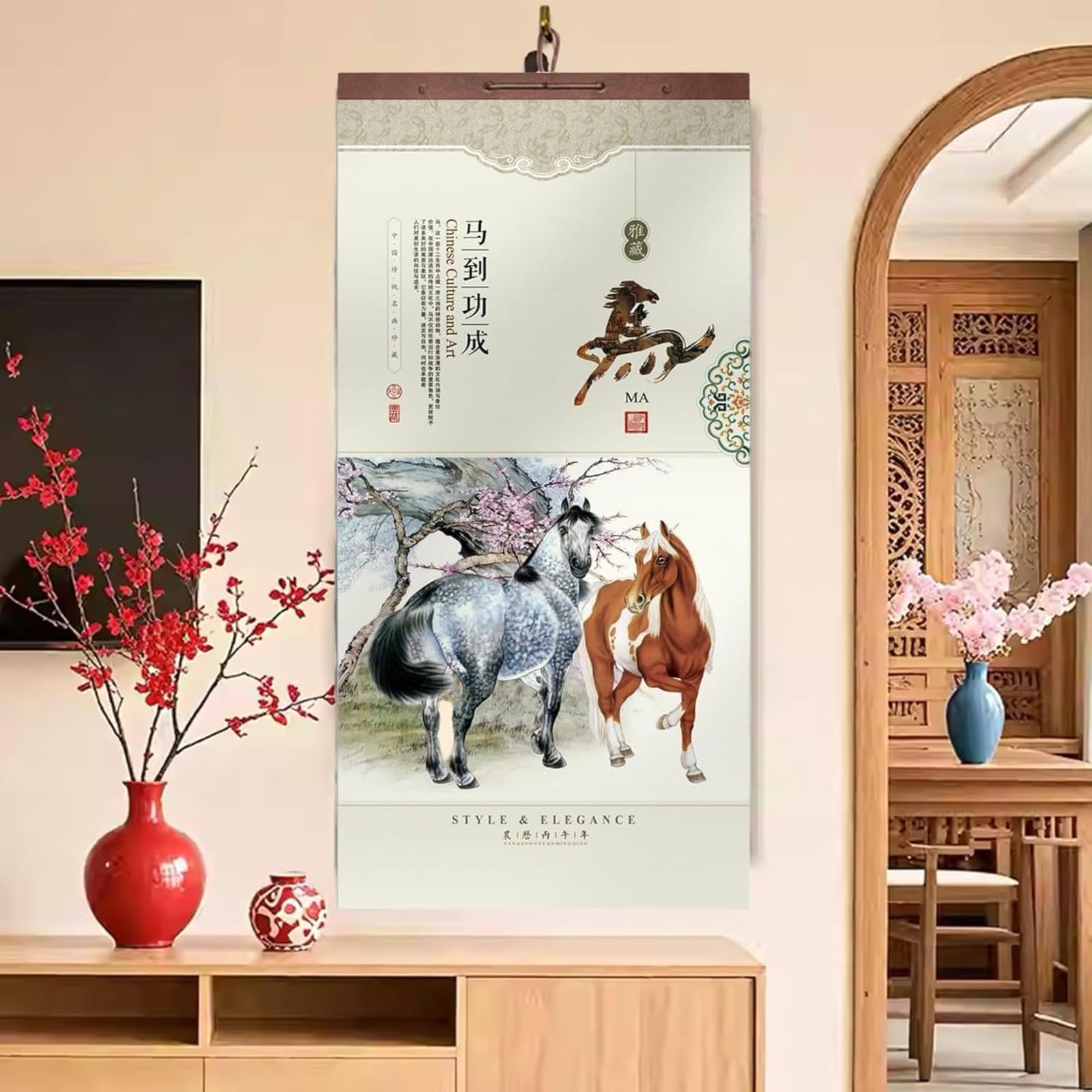 2026 rok koński chiński kalendarz ścienny, znak zodiakalny koń wiszący kalendarz, rok konia, kalendarz noworoczny, zwój, miesięczny planer do domowego biura (B)