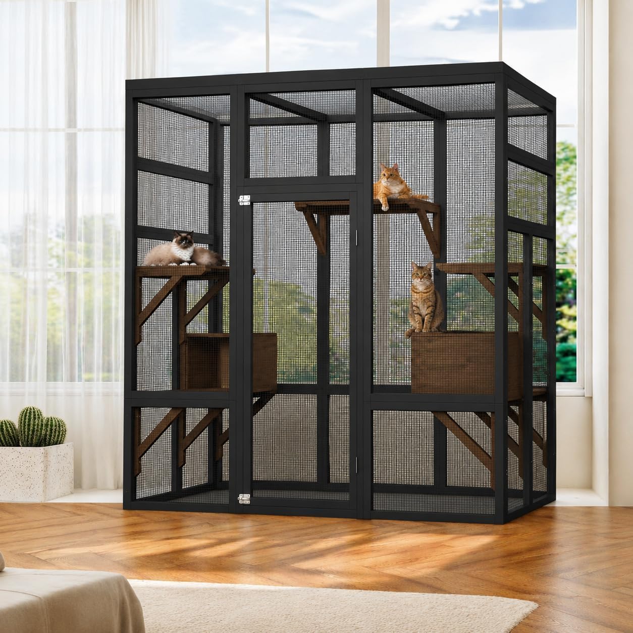 Cachpib Walk-in Outdoor Catio Cat Enclosure & Wooden Cat House 160x82x178cm