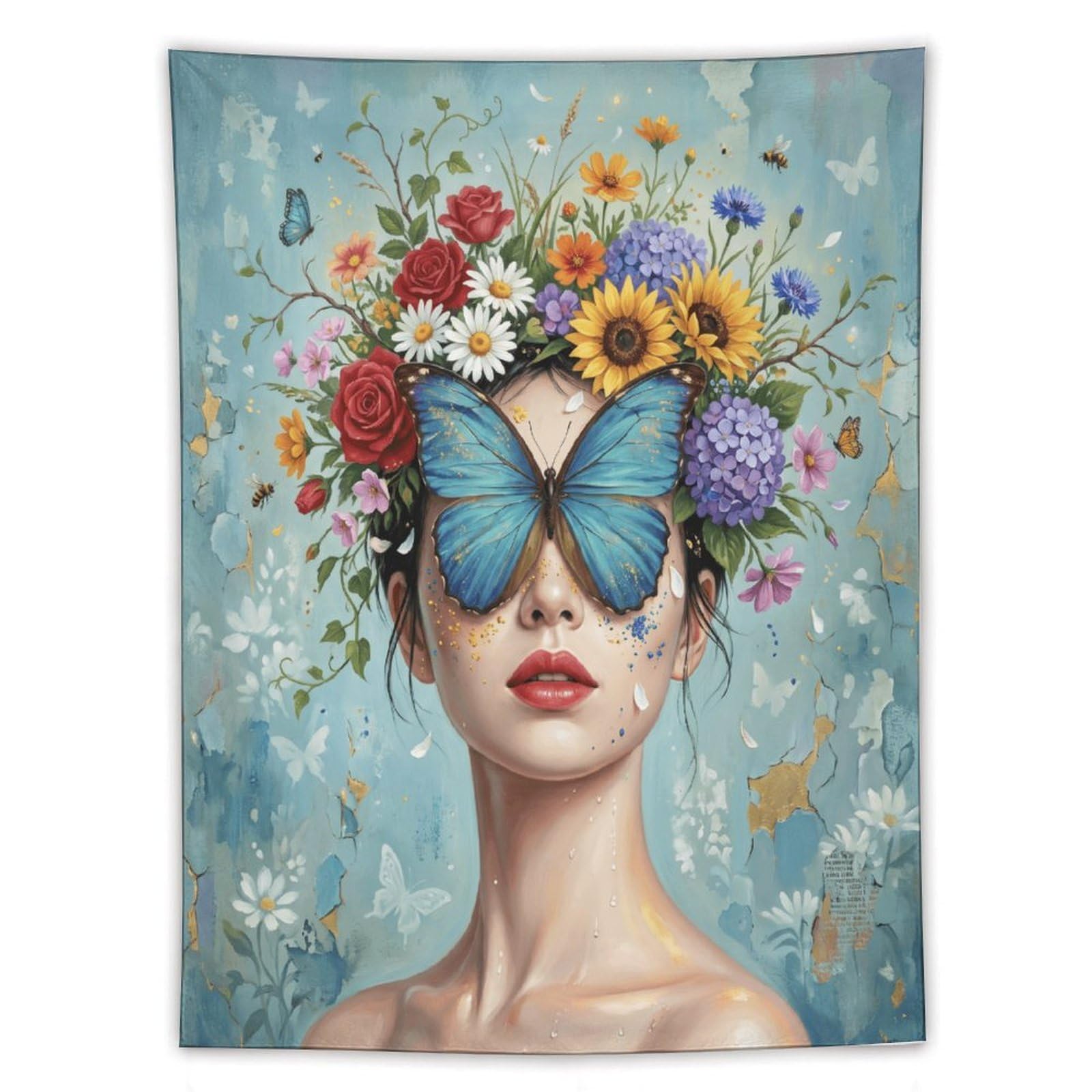 H3B8U2Y5 Blue Butterfly Woman Floral Wall Tapestry, Reading Corner
