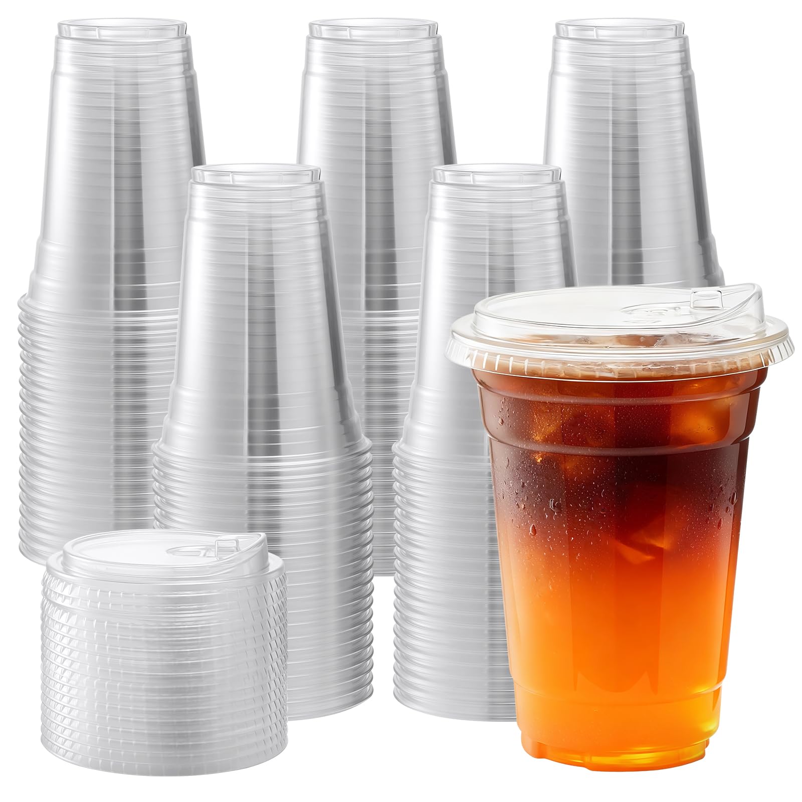 Goodluck Plastic Cups with Lids,100 Pack 16oz/454ml Clear Cold Drinks Iced Coffee Plastic Cup for Smoothies, Milkshakes,Iced Tea - Summer, Party, Picnic,Takeaway Essentials