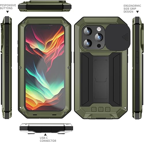 Miniatura 3 de FW - Funda de metal compatible con iPhone 15 Pro con cubierta deslizante para cámara deslizante, protector de pantalla integrado, funda híbrida de