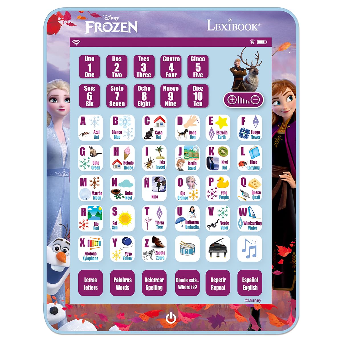LEXIBOOK Disney Frozen, Educational Bilingual Learning Tablet, learn letters numbers words spelling and music, English/Spanish languages, Blue, JCPAD002FZi2LXB