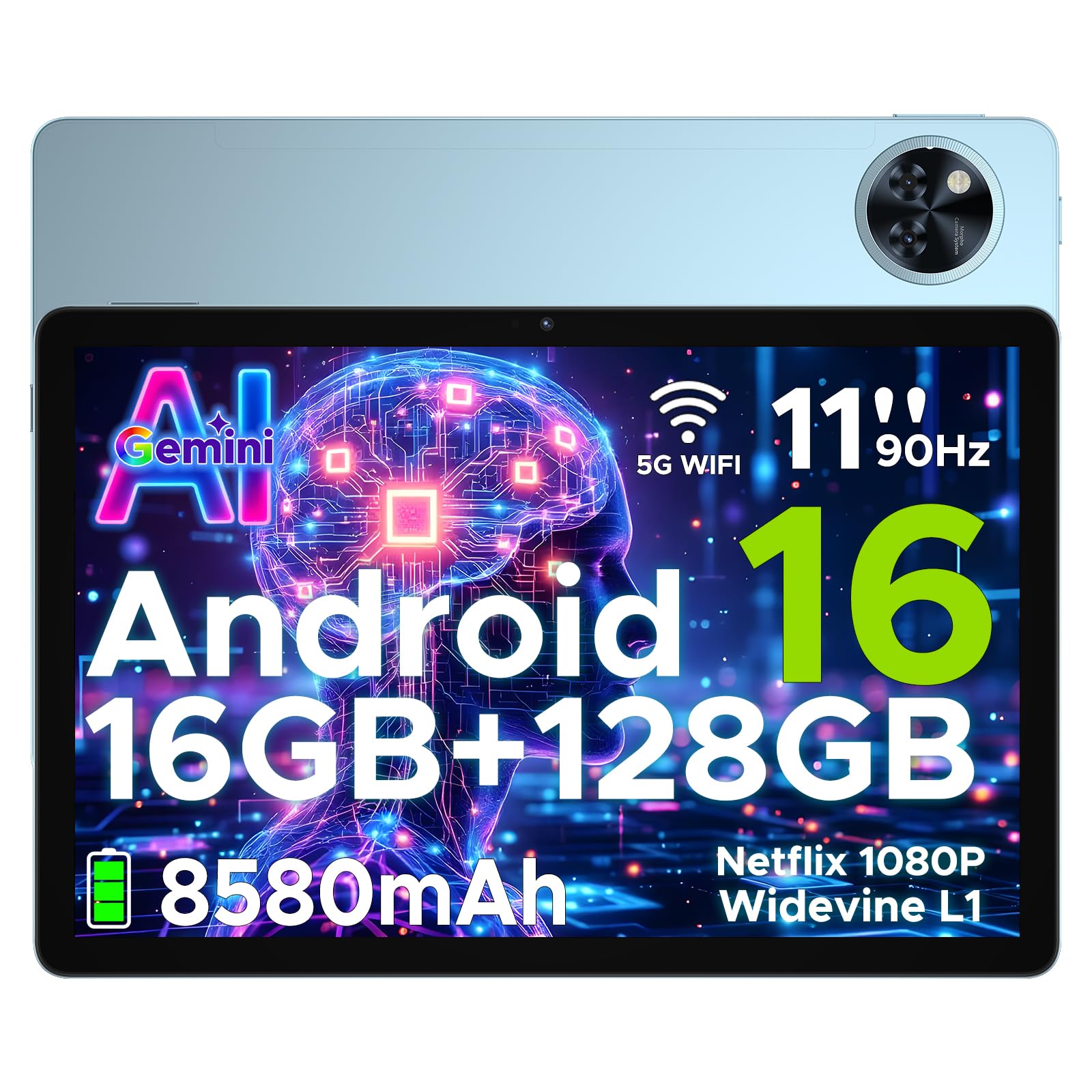 POPUX U11 Android 16 Tablet 11 Pollici Gemini AI 16GB RAM +128GB ROM (2TB TF) 8580mAh Gaming Tablet Unisoc T7200 Octa-Core 13MP+5MP Tablets PC WIFI 5/ GMS/ WidevineL1/ 3.5mm Audio/GPS/Face ID/OTG,Blu