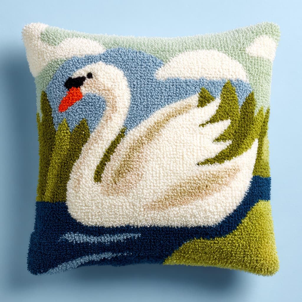 Taxpy Latch Hook Kits, White Swan Cushion Craft Kits Pillow Cover Making Crochet Pre Printed Canvas Needlework Latch Hook Cushion Cover Kits,43x43cm
