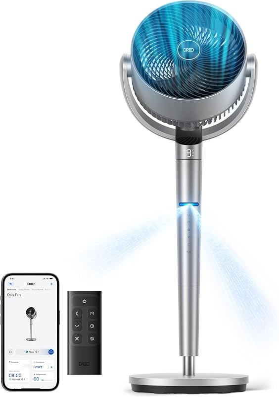 Smart Fan for Bedroom, Position-based Oscillation, 150°+120° 3D Oscillating Fan, 110ft Pedestal Fans with Wi-Fi/Voice/Remote, Standing Fans Work with Alexa/Google, 9 Speeds, 6 Modes, 20dB, Silver