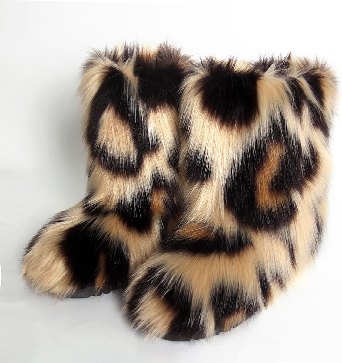 Women Faux Fur Boots Furry Plush Winter Fashion Shoes Fluffy Warm Snow Boots Mid-Calf Comfortable Outdoor Flat