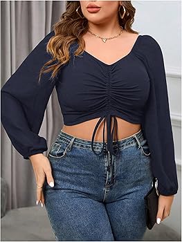 SOLY HUX Women's Plus Size Blouse Drawstring Ruched Front Off