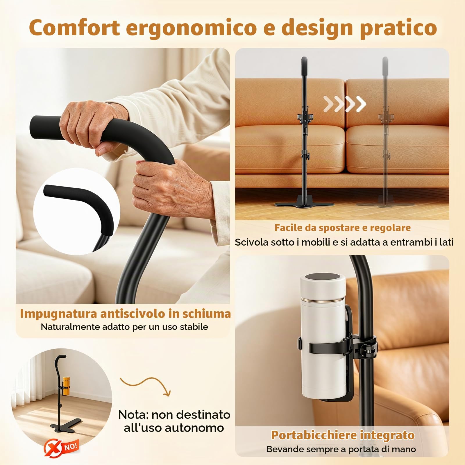 Ausili per Alzarsi da Divano/Sedie/Letto max 180 kg Antiscivolo, Ausilio per la Posizione Eretta su Divano con Portabicchieri per Anziani, Regolabile in Altezza per Divani e Sedie - Nero