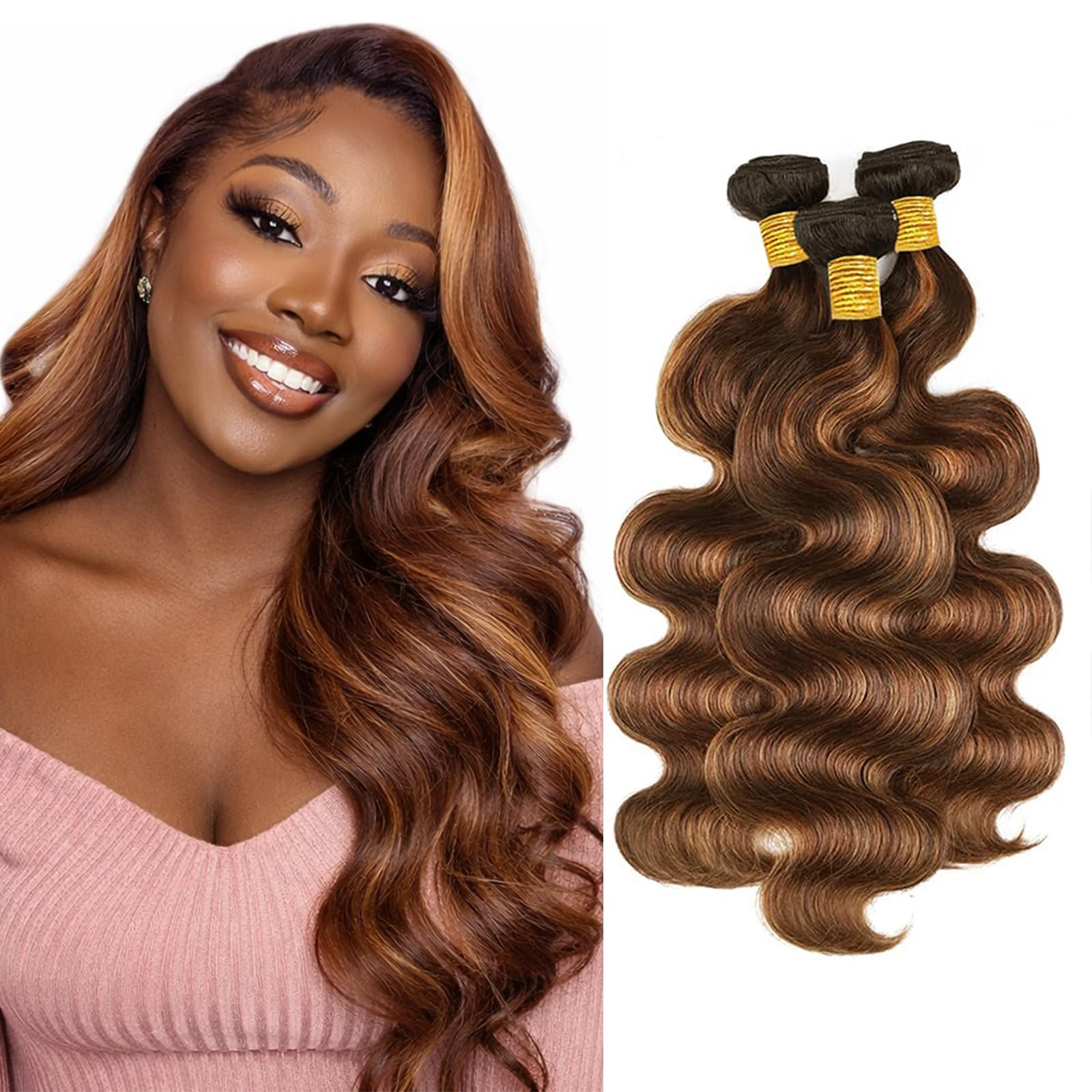 Photo 1 of Body Wave Human Hair Bundles 20 22 24 Inch 3 Bundles Ombre Brown Highlight P4/30 Soft Bouncy Flowing Natural Hair Extensions for Women