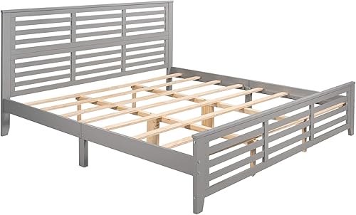 Miniatura 4 de JULYFOX Base de cama gris tamaño King, cama de plataforma de madera dura resistente de 500 libras con cabecero, no necesita somier (gris, tamaño