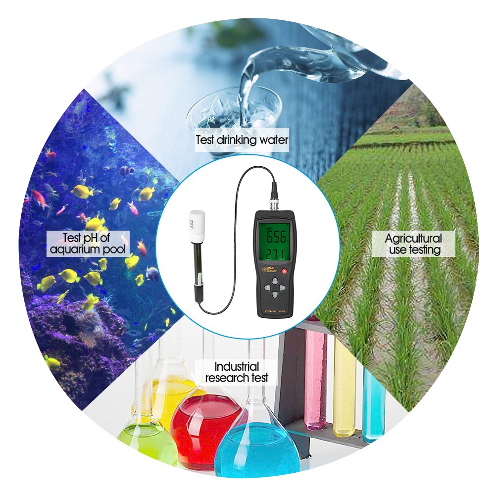 Smart Sensor Medidor de pH portátil Profesional con compensación de Temperatura y Pantalla LCD retroiluminada para análisis de la Calidad del Agua - Acidímetro con sonda de Sensor