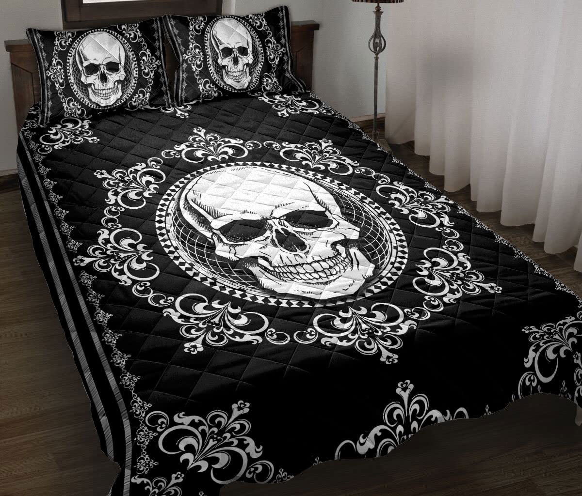 OhaPrints Death Skull Black and White Housewarming Unique Idea Quilt Blanket & Pillowcases, Quilts Bedding Set & Pillow Cover, King Queen Double Twin Throw Full Size Bedspread Bed Sets
