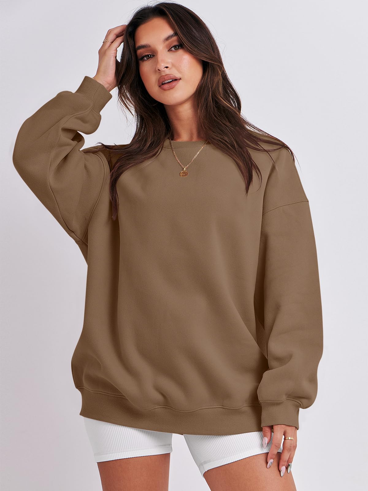 Damskie bluzy oversize bluzy z kapturem polar okrągły dekolt sweter top codzienne jesienne stroje preppy ubrania nastolatki 2024 A1019 światło, Jeden kolor, Brown_X-Small