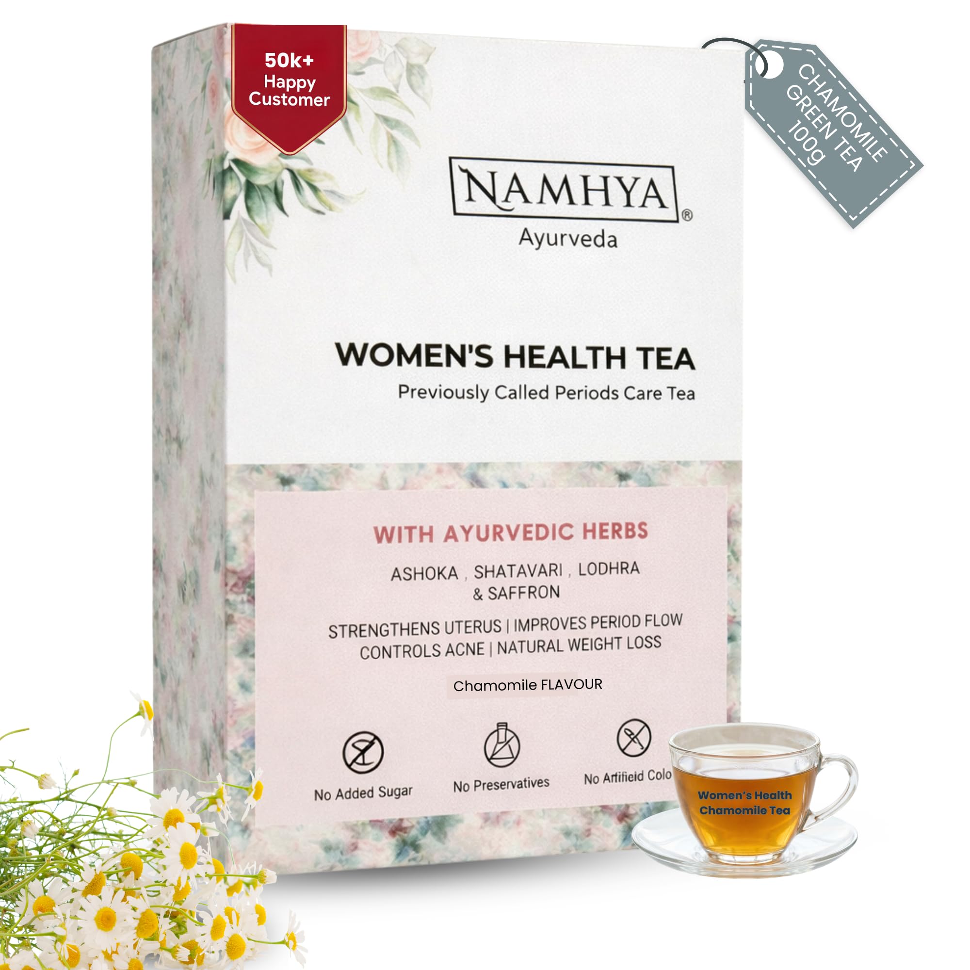 Namhya PCOS PCOD Green Tea | PCOS tea for women | Loaded with Natural Ayurvedic Herbs (Shatavari and Ashoka) for Hormonal Balance & Better Period Cycle 3.53 oz (100 Gms) | Chamomile Tea for Sleep-image-14
