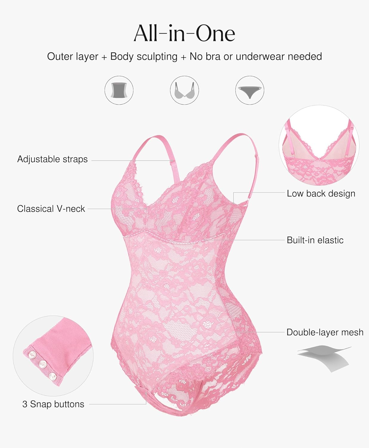 Popilush Shapewear Bodysuit V Neck Tummy Control Backless Lace Tank Tops Sleeveless Thong Bodysuit - Image 3